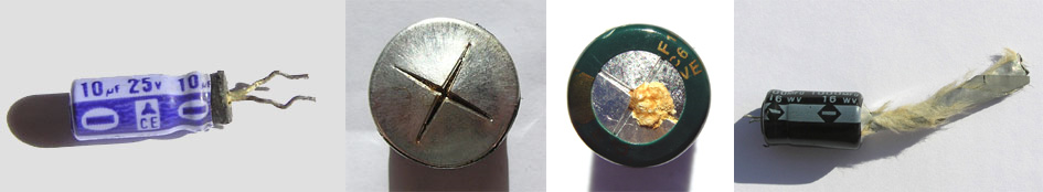 Aluminium electrolytic capacitor - Some examples of visible indication of failure.png